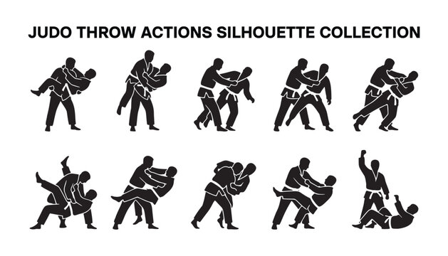 Judo Throw Actions Silhouette Icon Set Collection.