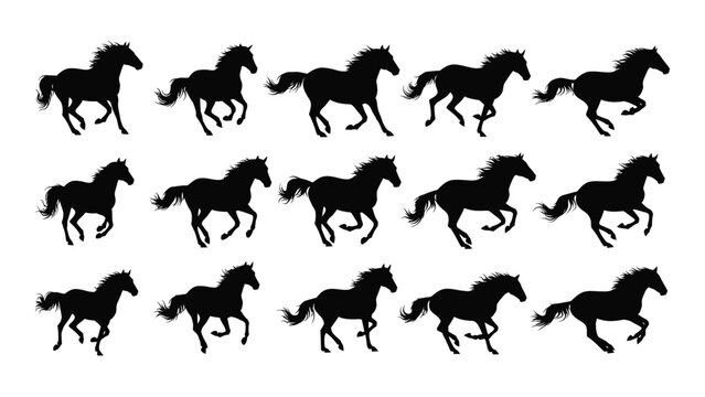 Collection of galloping horse silhouettes in various poses against a white background silhouette horses equine stallion mare foal running prancing