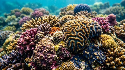 Vibrant underwater coral reef teeming with diverse marine life, showcasing intricate formations and a spectrum of colors © Fauzan