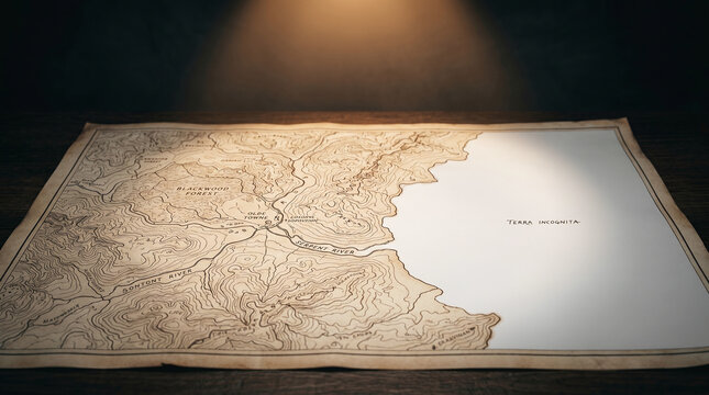Blank Antique Fantasy Map on Wooden Table