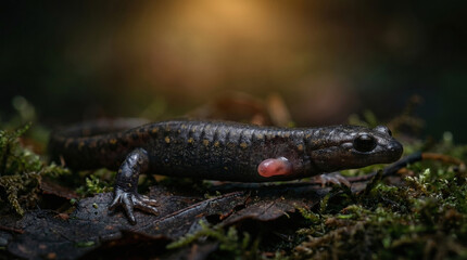 Fototapeta premium Black Salamander with Spots on Mossy Forest Floor