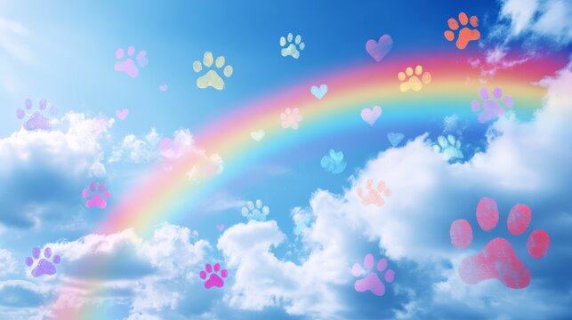 89.Soft pastel illustration with rainbow bridge, paw prints, heart symbols and fluffy clouds against bright blue sky, pet remembrance and emotional tribute concept