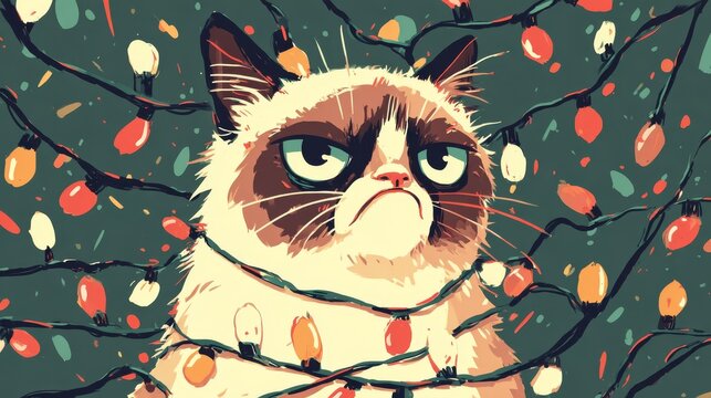 56.Holiday postcard artwork featuring a grumpy cat wrapped in christmas lights, cute cartoon style, expressive face, bright seasonal palette, lighthearted and funny christmas greeting concept