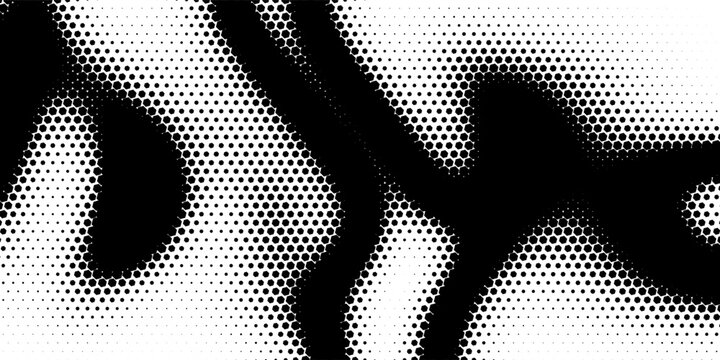 Black seamless hexagon texture. Repeated honeycomb pattern background. Geometric hexagonal halftone tech overlay backdrop. Abstract repeating hex halftone. Vector retro technology dot texure wallpaper