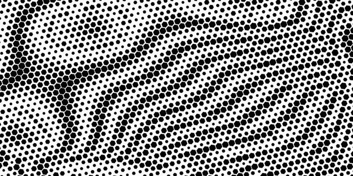 Black seamless hexagon texture. Repeated honeycomb pattern background. Geometric hexagonal halftone tech overlay backdrop. Abstract repeating hex halftone.