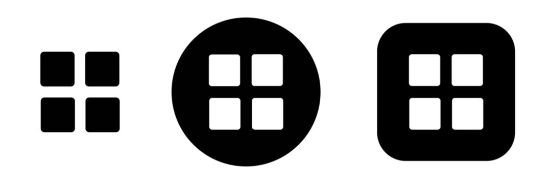 Grid menu button icon set with app launcher and dashboard navigation symbols in solid button styles. Menu control icons for apps, web interfaces, software panels and UI layouts