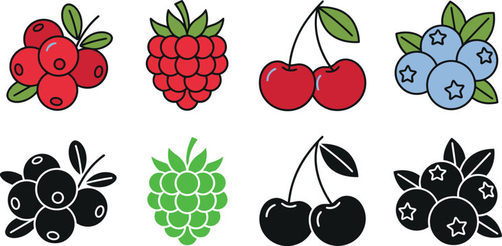  Fresh berries vector flat illustration icons set with cranberry raspberry cherry blueberry and black silhouettes isolated on white background
