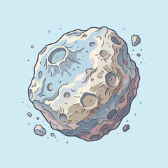 A stylized cartoon asteroid floats in a light blue space © Ines