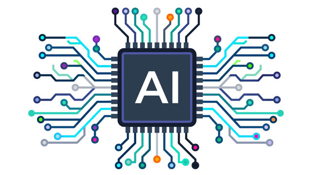 Artificial intelligence microprocessor unit with colorful circuit lines representing data flow