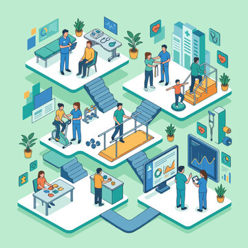 Isometric illustration of a physical therapy rehabilitation clinic