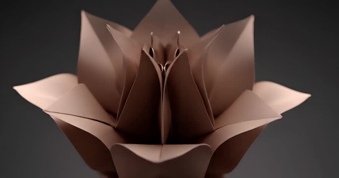 Close-up of delicate brown origami flower petals, geometric paper art and handicraft
