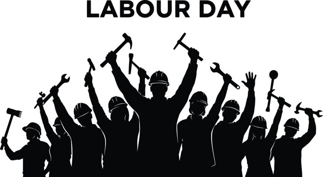 Labour Day Celebration Silhouette of Industrial Workers Raising Tools in Unity, Strength, Solidarity and Workforce Appreciation