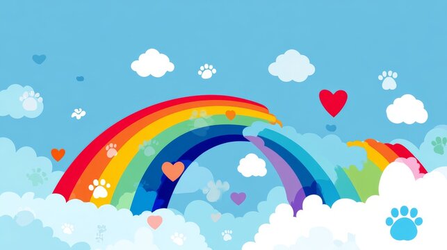 87.Concept = 28th August Is Rainbow Bridge Remembrance Day. Pet icon, rainbow, heart, cloud and more. Great for posters, banners and social media. Blue sky background