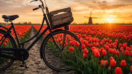 Naklejka premium A black bicycle with a wooden basket stands still in a field of bright red tulips, basking in the warm glow of a spectacular sunset. A windmill gently spins in the background.