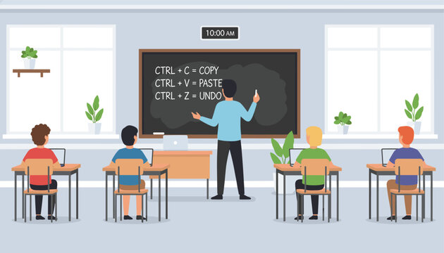 Classroom environment showing a teacher at a chalkboard explaining keyboard shortcuts to several students with laptops.