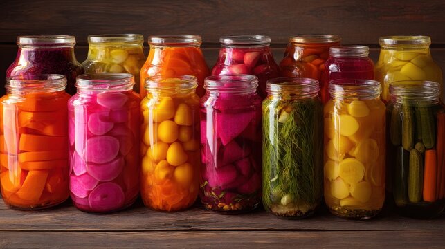 Assortment of colorful fermented vegetables in glass jars on wooden table. Homemade pickles and preserved organic produce for healthy diet. Rustic kitchen pantry food storage concept.