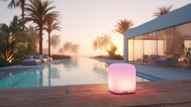Glowing smart speaker on wooden deck by infinity pool at sunset. Portable lamp with ambient light in luxury villa patio. Modern wireless audio device for relaxation and home lifestyle.