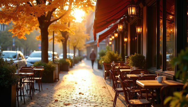Autumn street cafe with tables and chairs outside. Golden sunlight shines on trees with orange leaves. A person walks down sidewalk lined with parked cars.