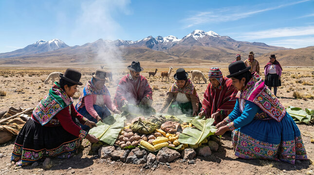 Indigenous Andean People Preparing Traditional Pachamanca Underground Oven in Peruvian Highlands.
