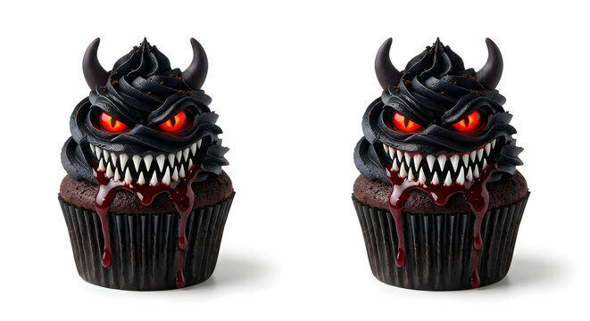 Two horrible cupcakes with creepy monster faces and dark chocolate frosting on a black background, perfect for a horror Halloween theme.