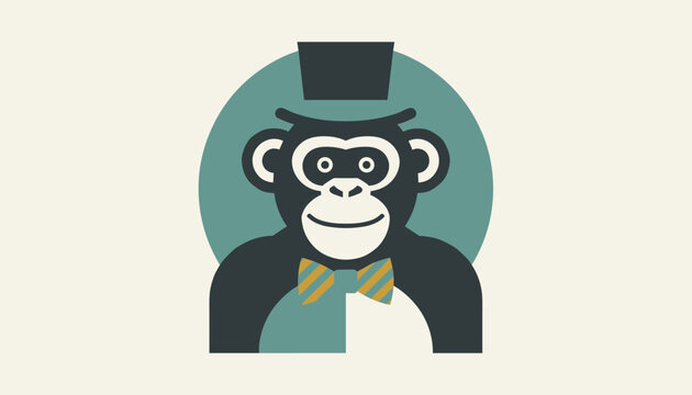Gentleman monkey character wearing a formal black suit with a top hat and a striped bowtie against a teal circle.