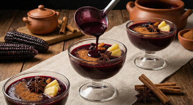 Serving Traditional Mazamorra Morada Dessert with Purple Corn and Cinnamon