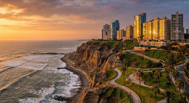 Golden Sunset Over Skyscrapers and Green Cliffs of Miraflores Boardwalk in Lima