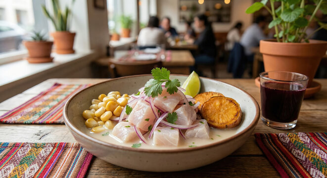Traditional Peruvian Ceviche Served with Choclo Corn Sweet Potato and Chicha Morada