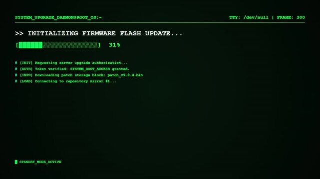 Firmware Flash Update Terminal Command Line Animation Green Screen Linux Hacker Coding System Upgrade Footage.