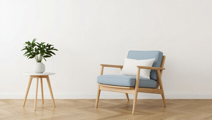 Fototapeta premium Modern minimalist interior mockup with white armchair and wooden slat wall, empty concrete wall background for product presentation in living room.