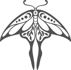 Naklejka premium Celestial moth illustration with moon and sun symbols. Vintage outline butterfly design in mystical style.