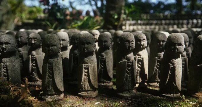 Low, steady cam shot across little, old, stone statues in Japan