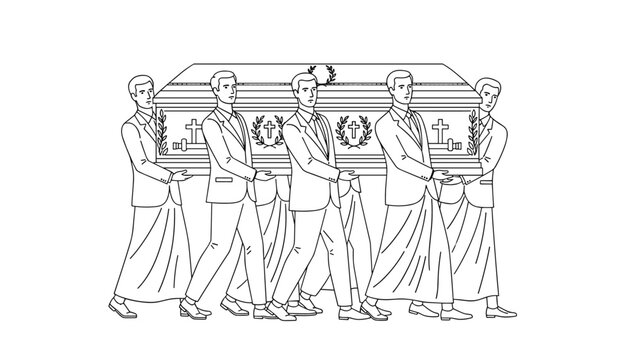 Solemn group of pallbearers carry wooden casket adorned with crosses during traditional funeral procession in black and white line art.