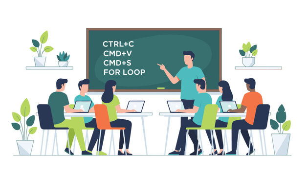 Students use laptops in classroom while teacher points to chalkboard showing essential computer programming commands and concepts like loops.