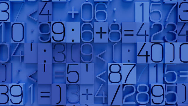 Close-Up of Textured Blue Surface with Varied Sizes of Mathematical Symbols and Numbers Including Fractions and Operators for Educational Resources and Learning Materials