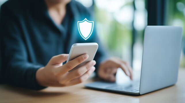 Person checking online car insurance application on smartphone, digital security and protection concept with laptop working