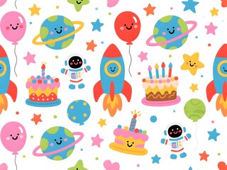 Fototapeta premium Cartoon Space Birthday Seamless Pattern with Rockets, Cakes and Planets