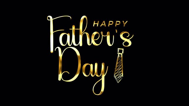Happy Fathers day elegant golden animated text featuring a necktie on black background. Ideal for greeting cards and social media posts.