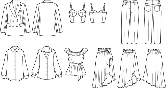 Collection of women fashion garments featuring blazer trousers shirt and skirt front and back view technical sketch vector illustrations