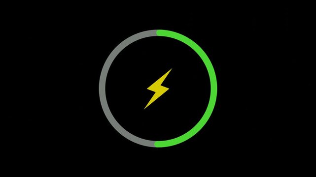 Circular progress ring filling with green arc and yellow lightning bolt on black background
