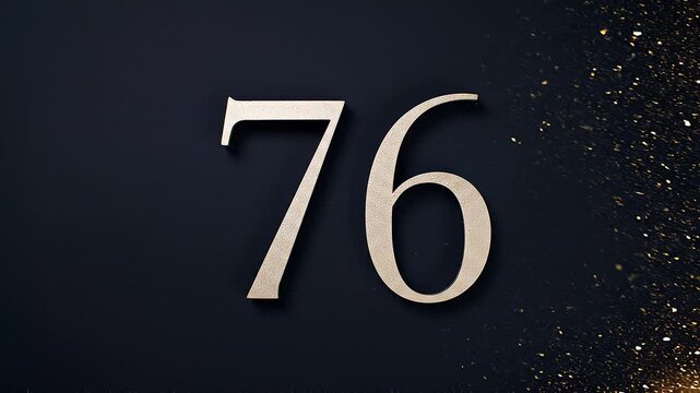 Gold Glitter Blow‑Away Reveal of Number 76 on Solid Background