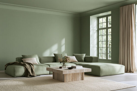Color drenched living room featuring a green sectional sofa, wooden coffee table, and large windows allowing natural light to illuminate the space