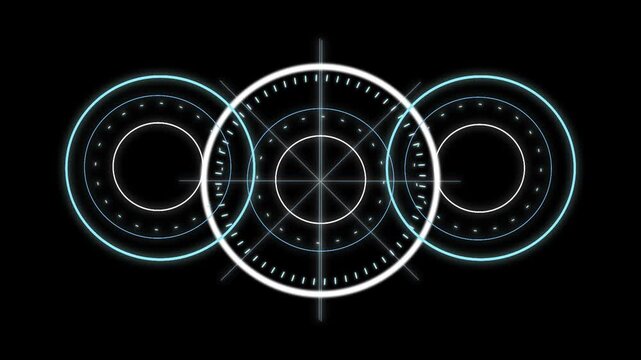 Futuristic target hud motion graphic featuring rotating digital aiming circles with neon blue and white light effects representing hi-tech tracking systems or advanced data scanning visuals design.