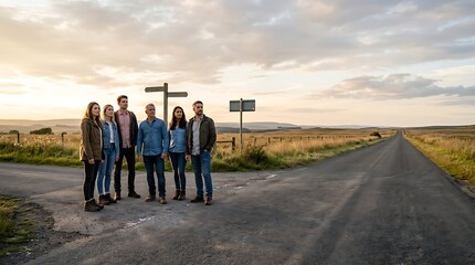 Obraz premium Diverse group of people standing at a rural crossroads during sunset