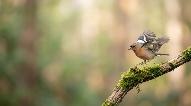 Common chaffinch taking flight from a mossy branch in the forest
