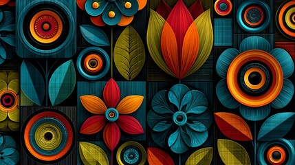 Fototapeta premium Colorful abstract flowers in symmetrical layout.