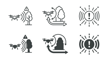 Fototapeta premium Set of drone navigation and hazard warning icons in outline and solid styles with navigation collision avoidance