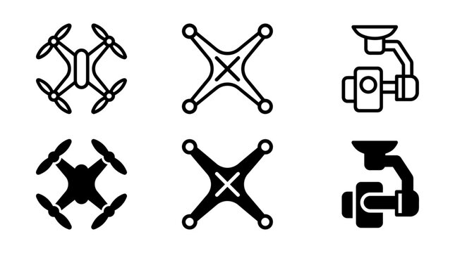 Professional drone components and camera gimbal icon set with quadcopter photography technology robotics stabilizer