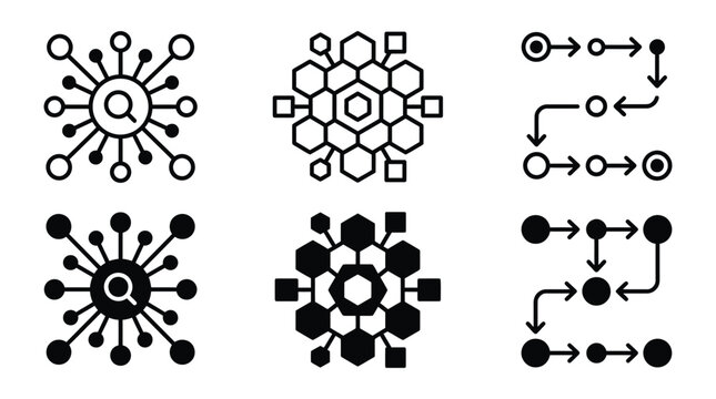 Business and network connection icons set in outline and solid styles with connection flowchart interface business