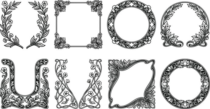 Vintage black floral frame set elegant botanical borders and wreaths silhouette vector illustration isolated on white background